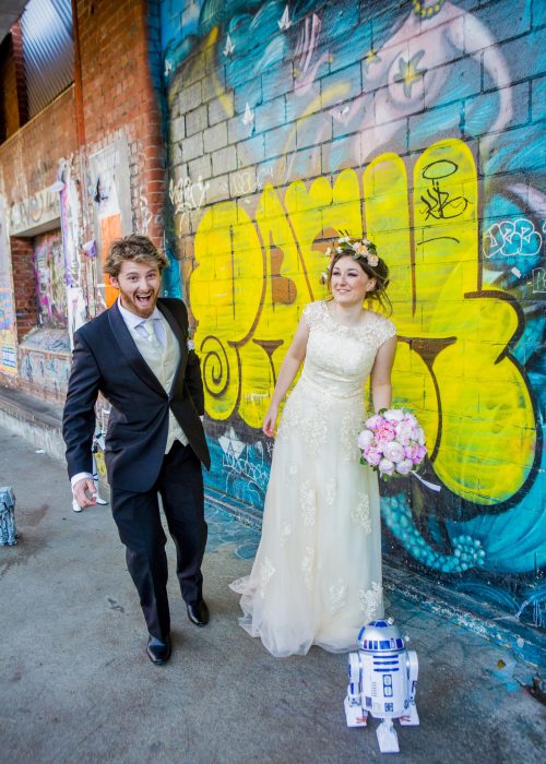 R2D2 candid bride and groom photo